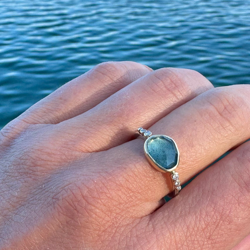 Moss Aquamarine and Diamond Ring