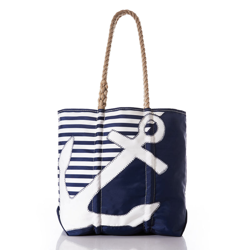 Medium Brenton Stripe White Anchor Tote with Zip Top and Hanging Pocket
