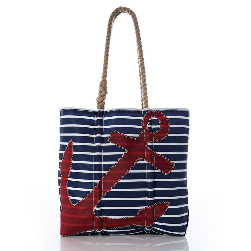 Medium Red Anchor on Navy Stripes Tote