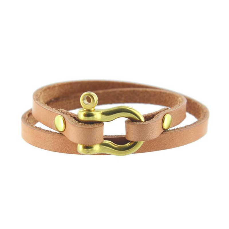 Double Wrap Shackle Bracelet (Brass on Natural Leather)