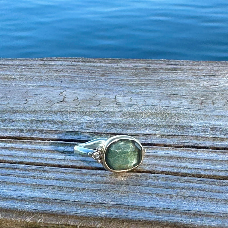 Moss Aquamarine and Diamond Ring
