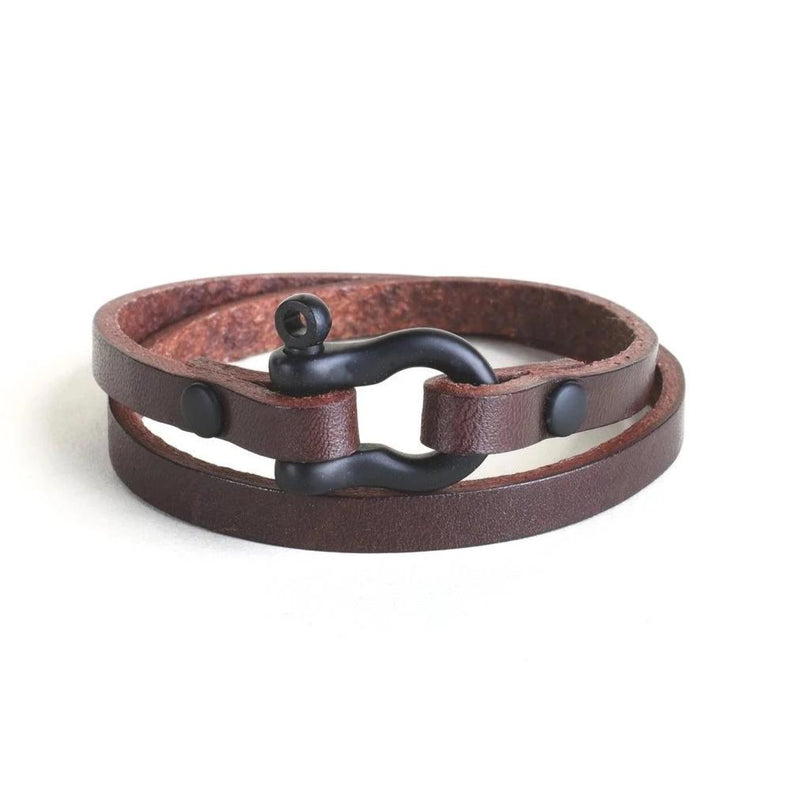 Double Wrap Shackle Bracelet (Black on Havana Leather)