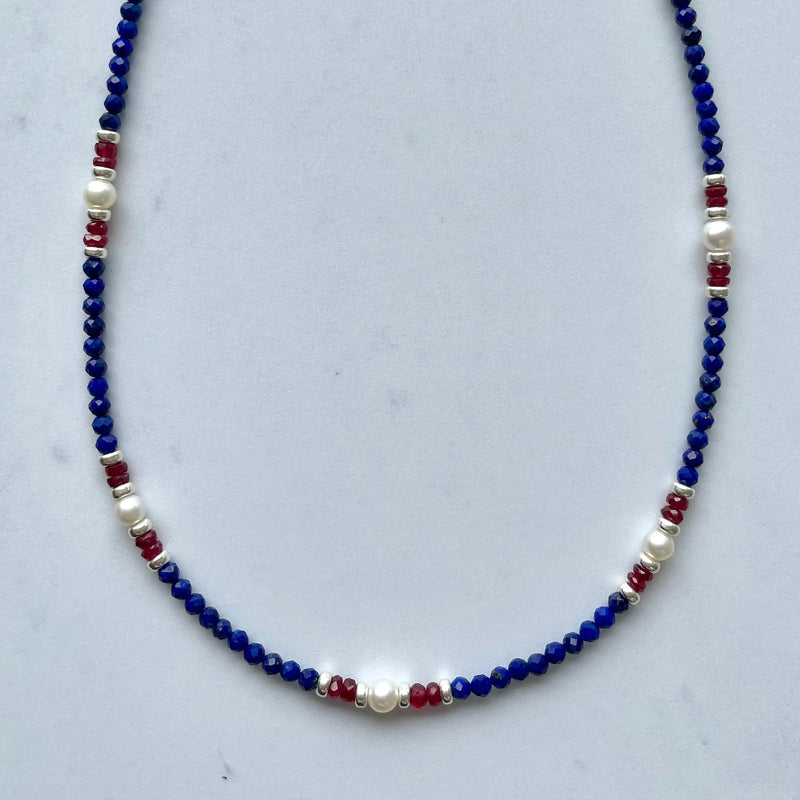 Red, White & Blue Gemstone Beaded Necklace