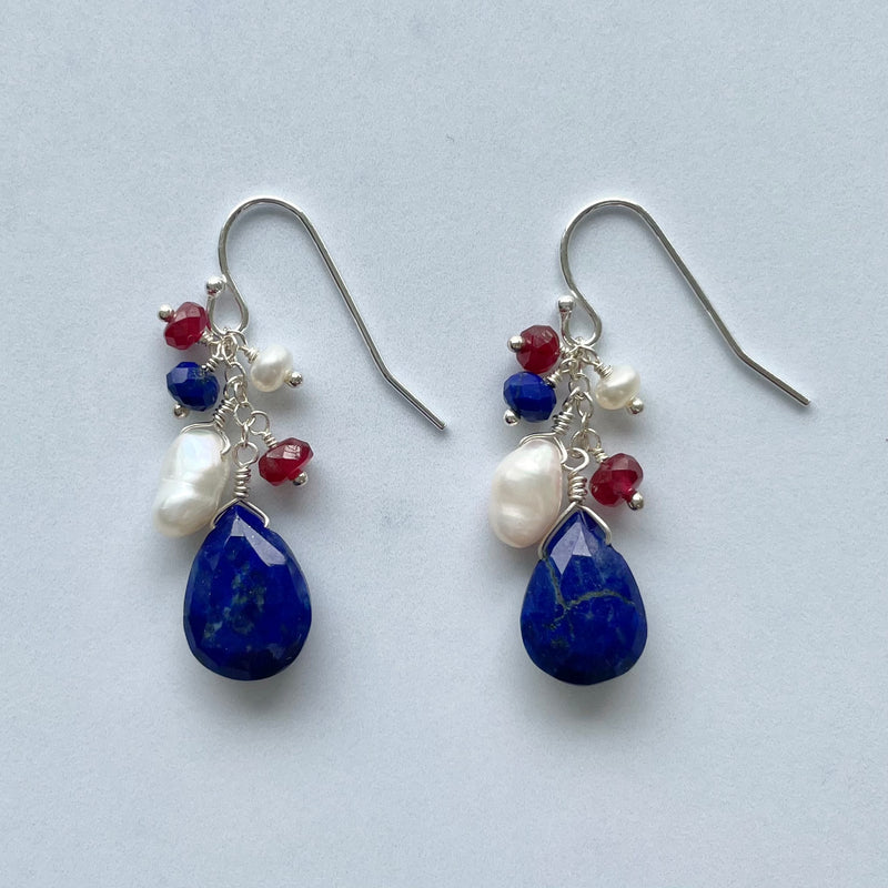 Red, White & Blue Gemstone Multidrop Earrings