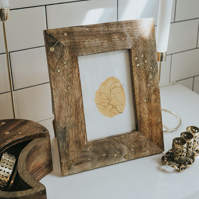 Jyotisha Carved Wood and Brass Accent Picture Frame