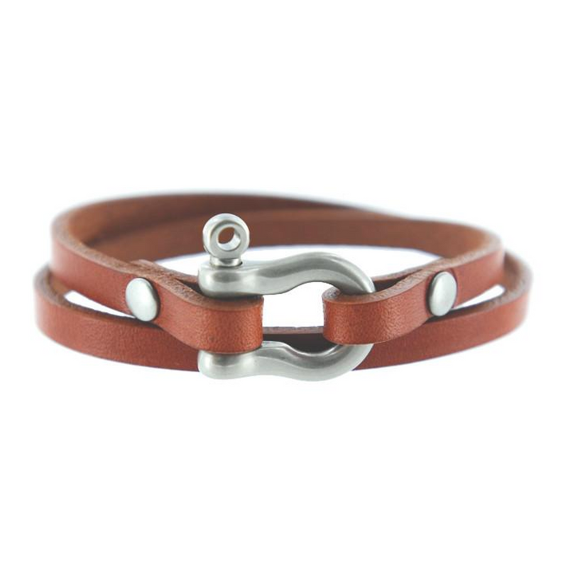 Double Wrap Shackle Bracelet (Nickel on Chestnut Leather)