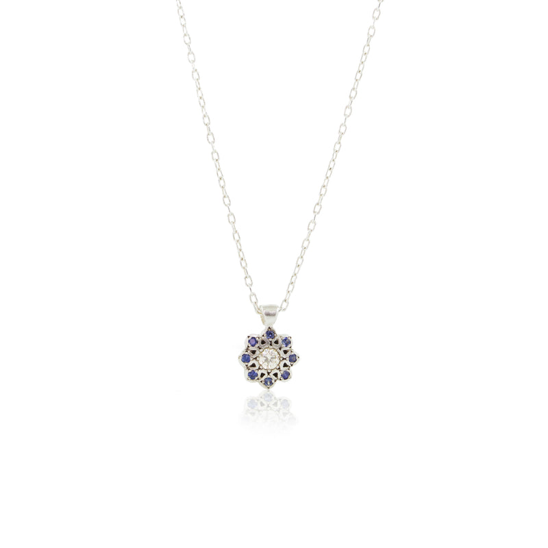Moonflower Charm Pendant Necklace with Sapphire Circle & Diamond Center