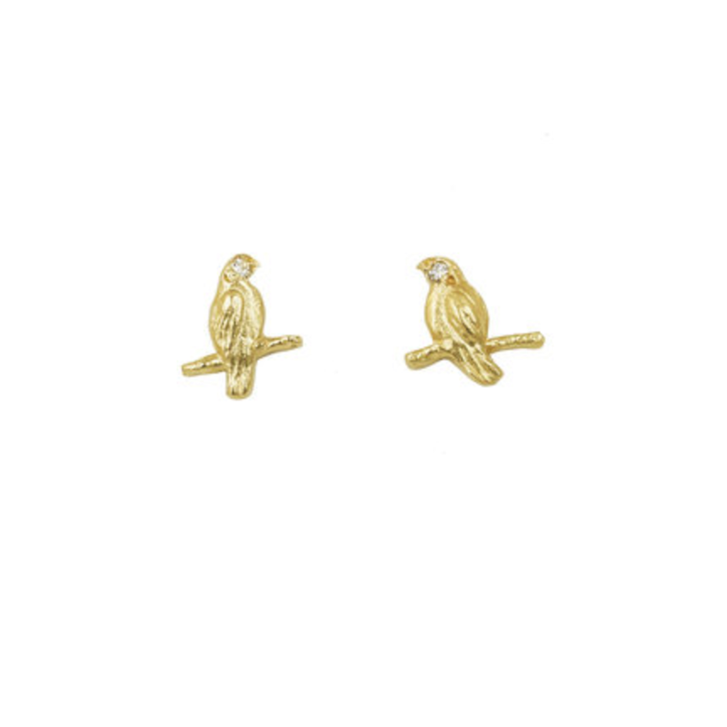 Little Bird on Branch Earrings with Diamonds